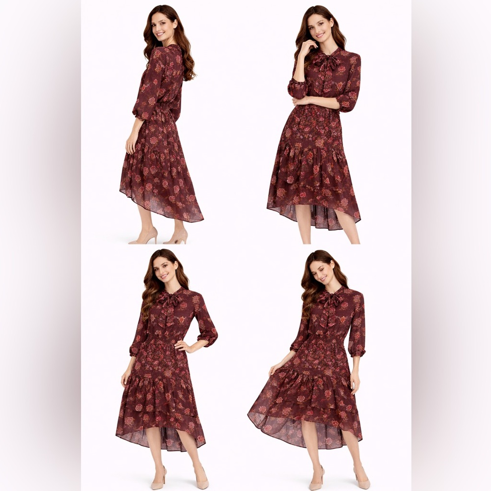 Figueroa & Flower Floral Burgundy Midi High Low Dress
